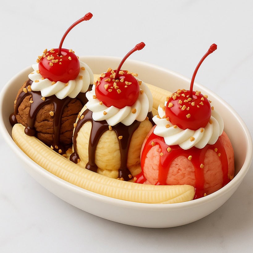 Banana split con gelato, panna, ciliegie e granella di nocciola
