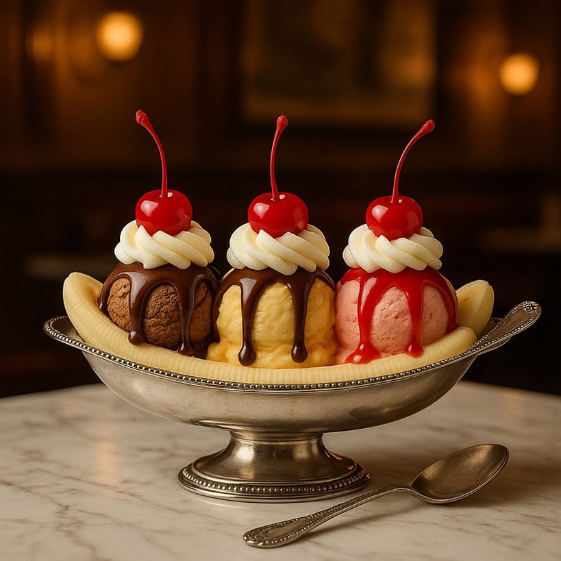 Banana split vintage con cioccolato, crema e fragola in coppa elegante su marmo