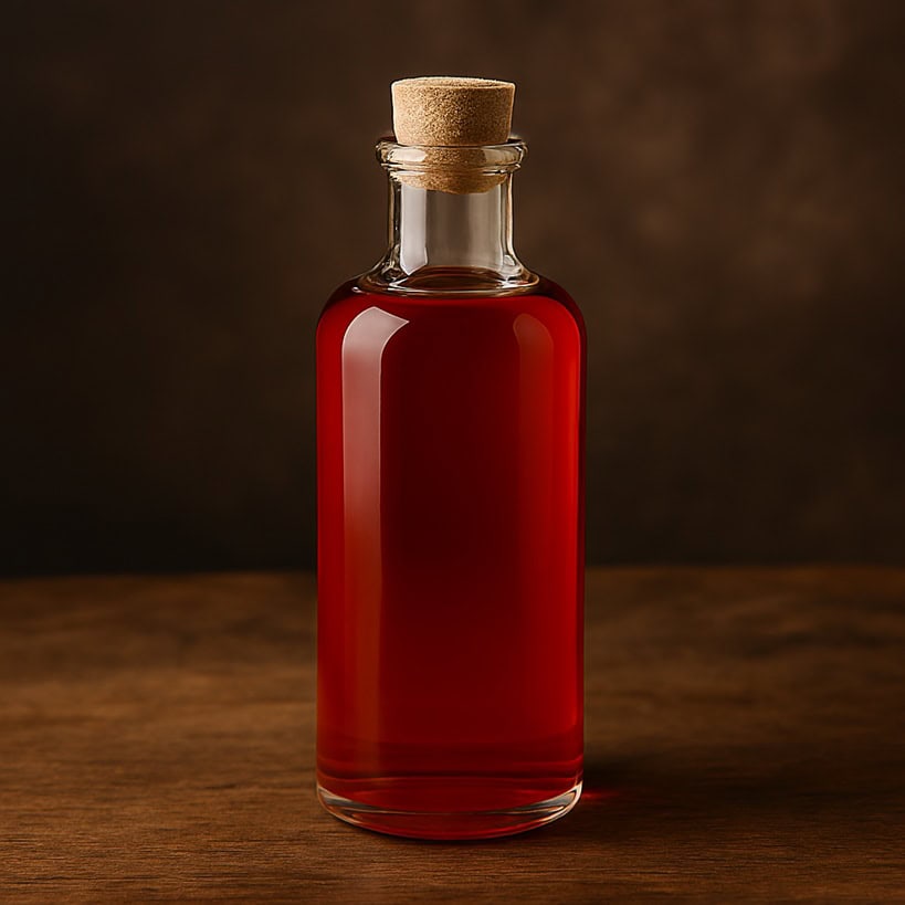 Bottiglia in vetro trasparente con olio rosso piccante su tavolo rustico, sfondo scuro