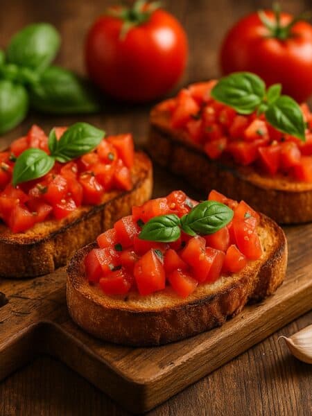 Bruschette al pomodoro su tagliere in legno