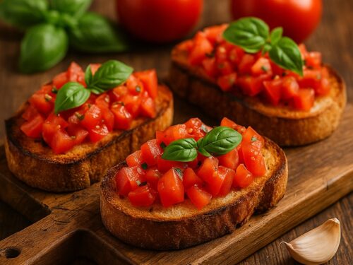 Bruschette al pomodoro su tagliere in legno