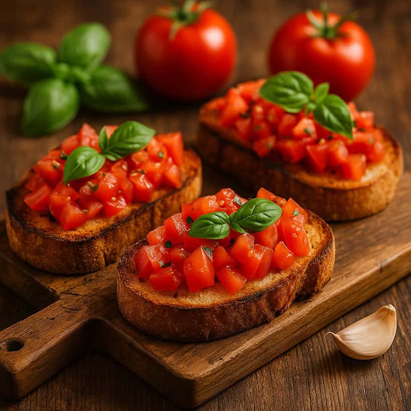 Bruschette al pomodoro su tagliere in legno