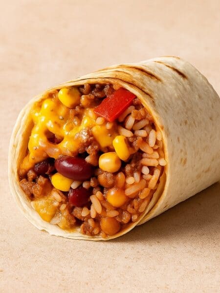 Burrito Tex-Mex con riso, carne macinata, mais, fagioli rossi e formaggio fuso su sfondo beige