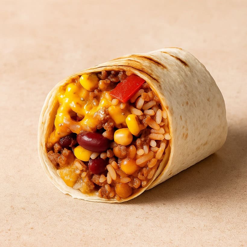 Burrito Tex-Mex con riso, carne macinata, mais, fagioli rossi e formaggio fuso su sfondo beige