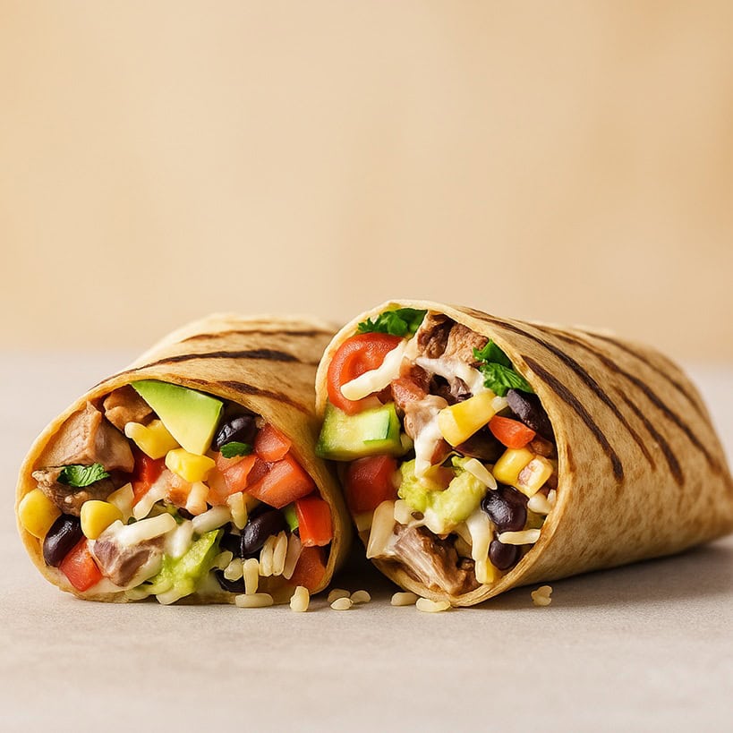 Burrito Tex-Mex tagliato a metà con carne, verdure fresche, fagioli, mais, avocado e salsa su sfondo neutro