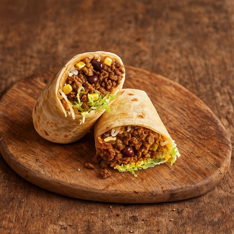 Burritos su tagliere rustico con carne, mais, fagioli neri, lattuga e riso