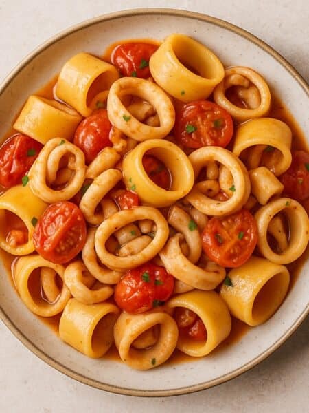calamarata con calamari, pomodorini e prezzemolo
