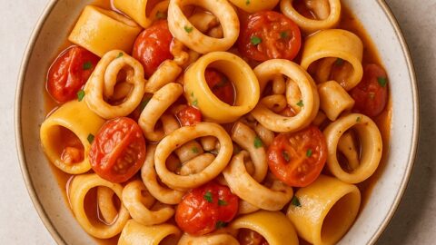 calamarata con calamari, pomodorini e prezzemolo