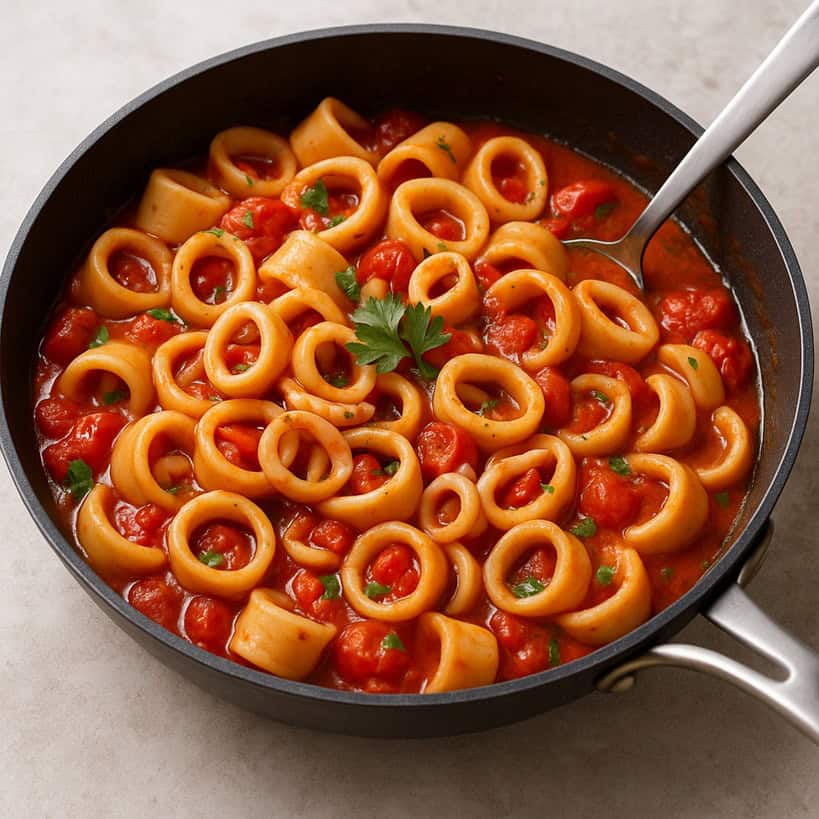 Padella con calamarata in fase di mantecatura con pomodorini, calamari e prezzemolo