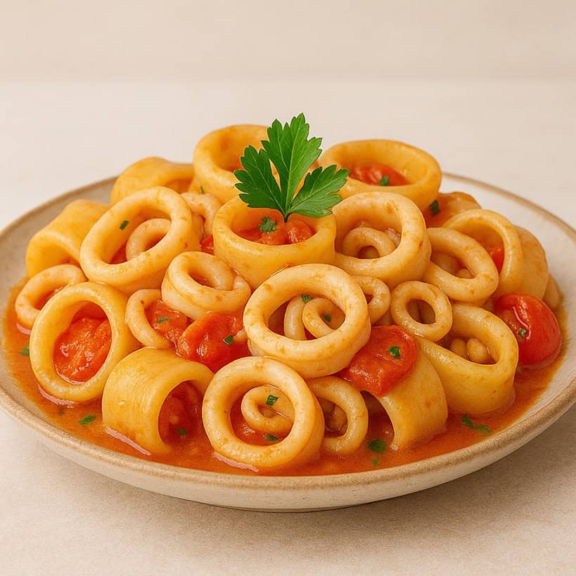 Calamarata con calamari e pomodorini servita su piatto rustico vista frontale