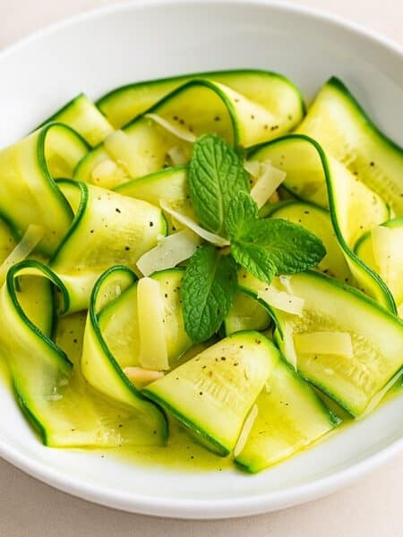 Carpaccio di zucchine marinate e servite in piatto bianco