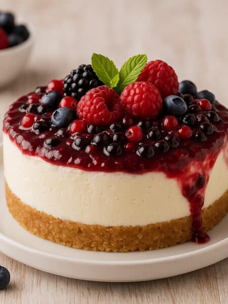 Cheesecake ai frutti di bosco con coulis lucido e frutti freschi su piatto bianco