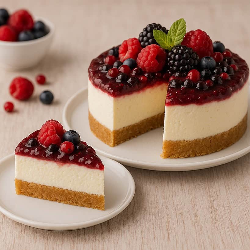 Cheesecake ai frutti di bosco con una fetta servita su piattino accanto