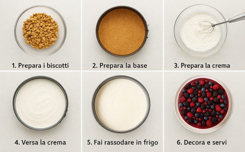 Sei step numerati per preparare la cheesecake ai frutti di bosco, dalla base alla decorazione