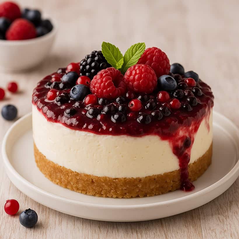 Cheesecake ai frutti di bosco con coulis lucido e frutti freschi su piatto bianco