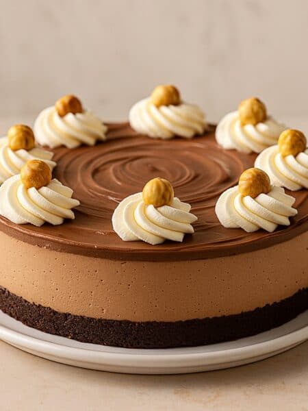 Cheesecake alla Nutella con base al cacao, crema alla Nutella e topping di panna e nocciole su fondo neutro