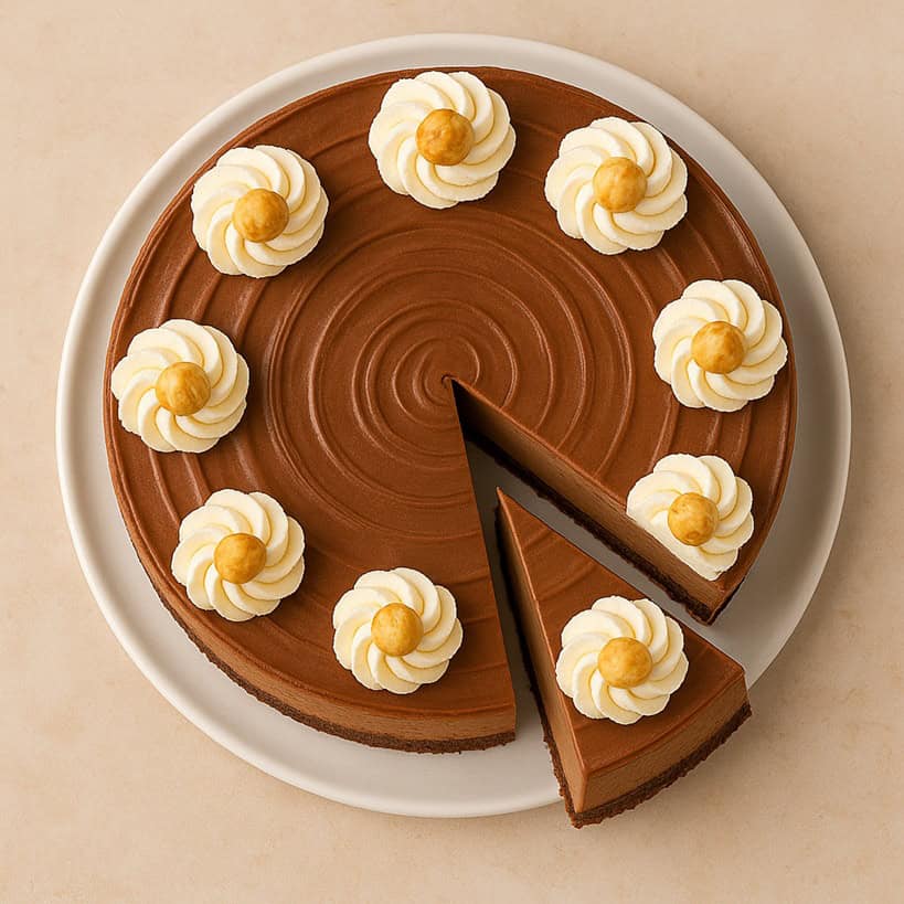 Cheesecake alla Nutella intera con una fetta tagliata, decorata con ciuffi di panna e nocciole, fotografata dall’alto
