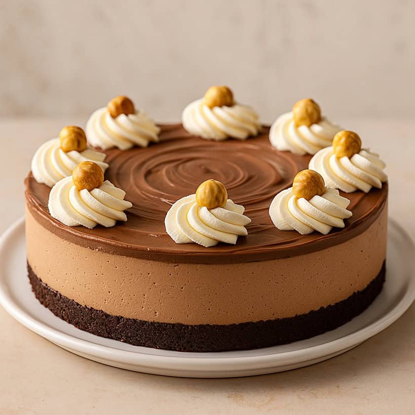 Cheesecake alla Nutella con base al cacao, crema alla Nutella e topping di panna e nocciole su fondo neutro