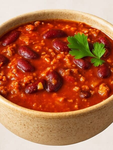 Ciotola rustica con chili con carne su sfondo chiaro, guarnito con coriandolo fresco e servito caldo