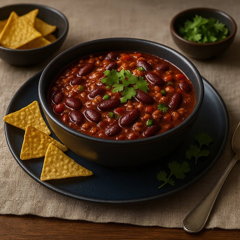 Ciotola di chili con carne servito con nachos e coriandolo fresco