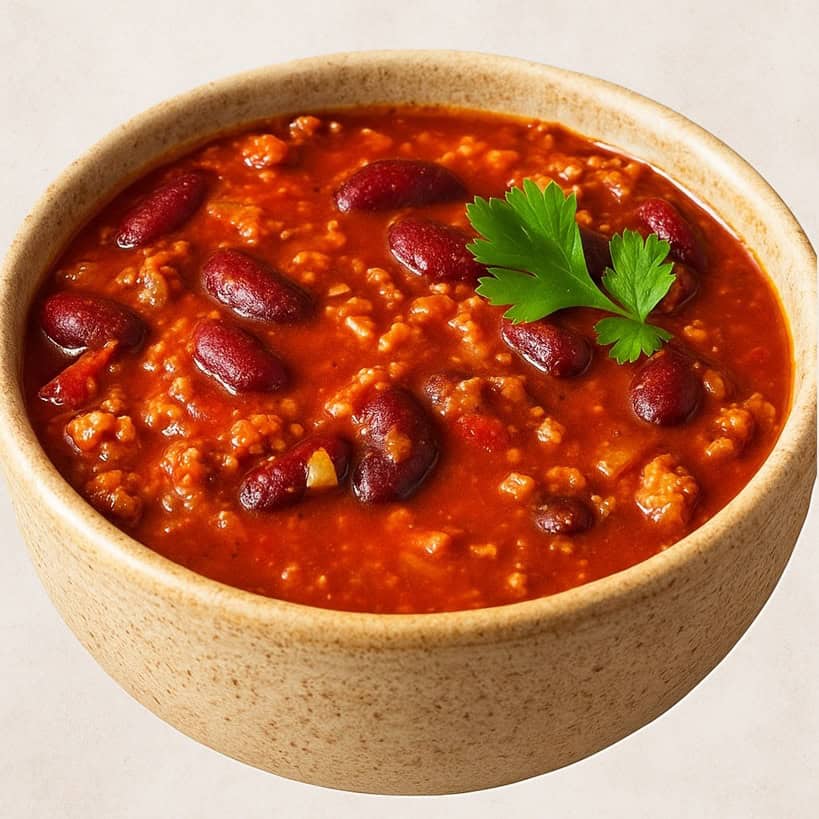 Ciotola rustica con chili con carne su sfondo chiaro, guarnito con coriandolo fresco e servito caldo