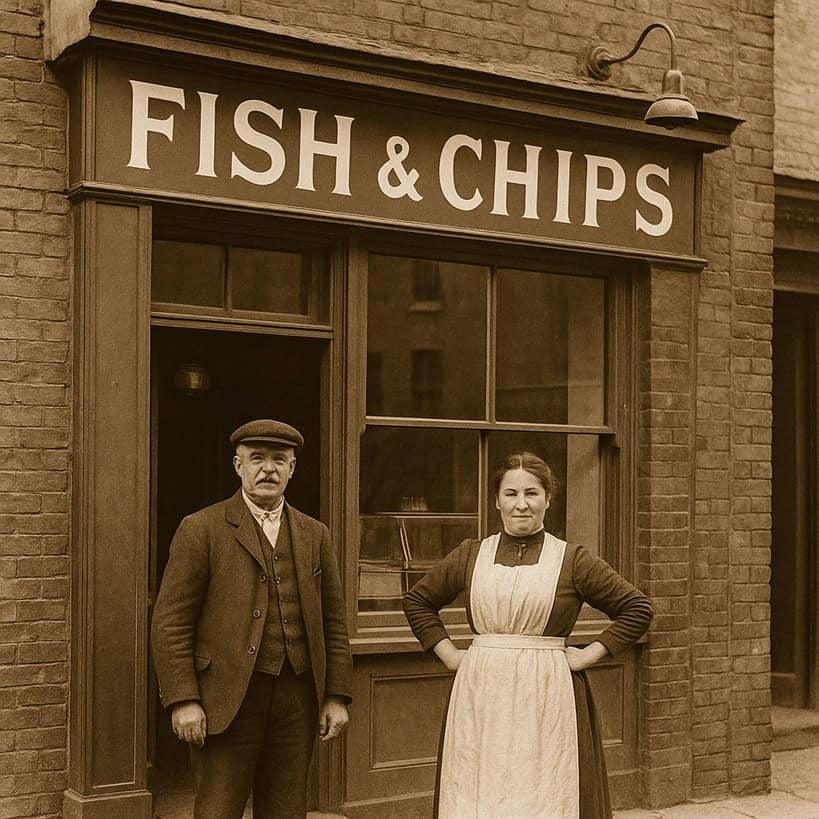 Fotografia vintage di un negozio di fish and chips del XIX secolo con due proprietari