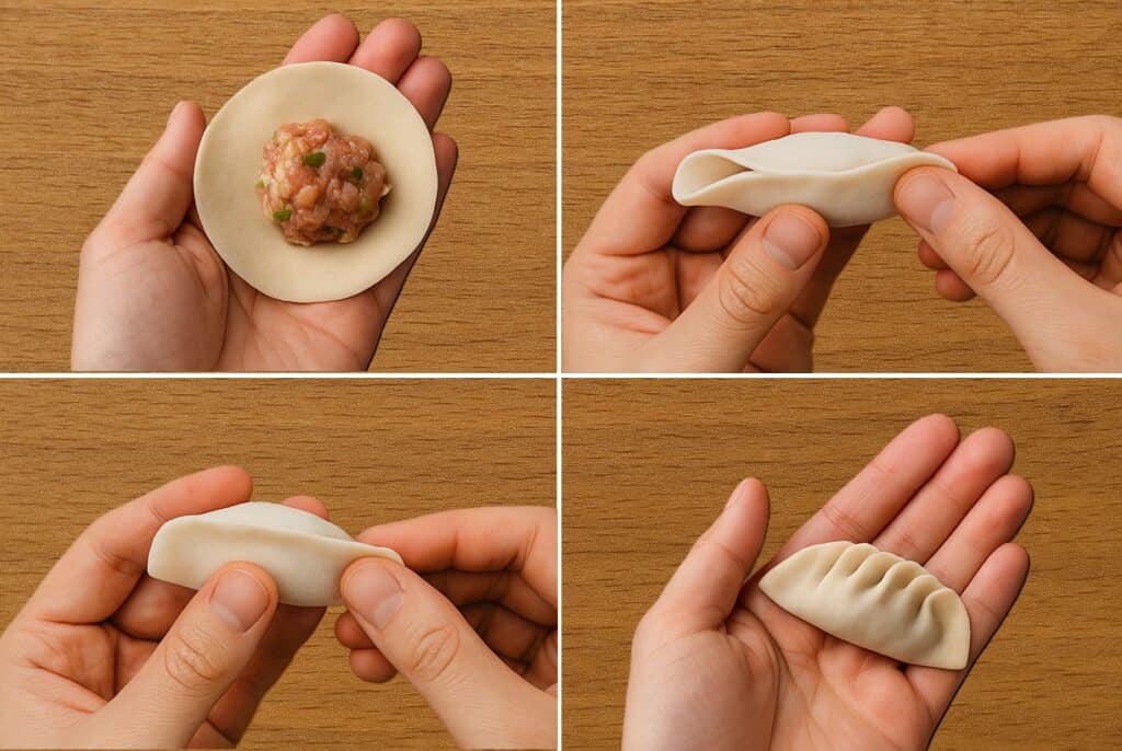 Sequenza di immagini per chiudere correttamente i ravioli cinesi a mezzaluna