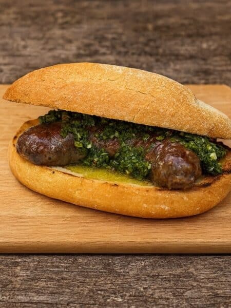 Panino Choripán con chorizo grigliato e chimichurri su tagliere in legno