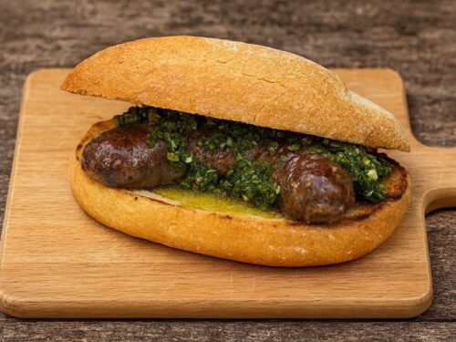 Panino Choripán con chorizo grigliato e chimichurri su tagliere in legno