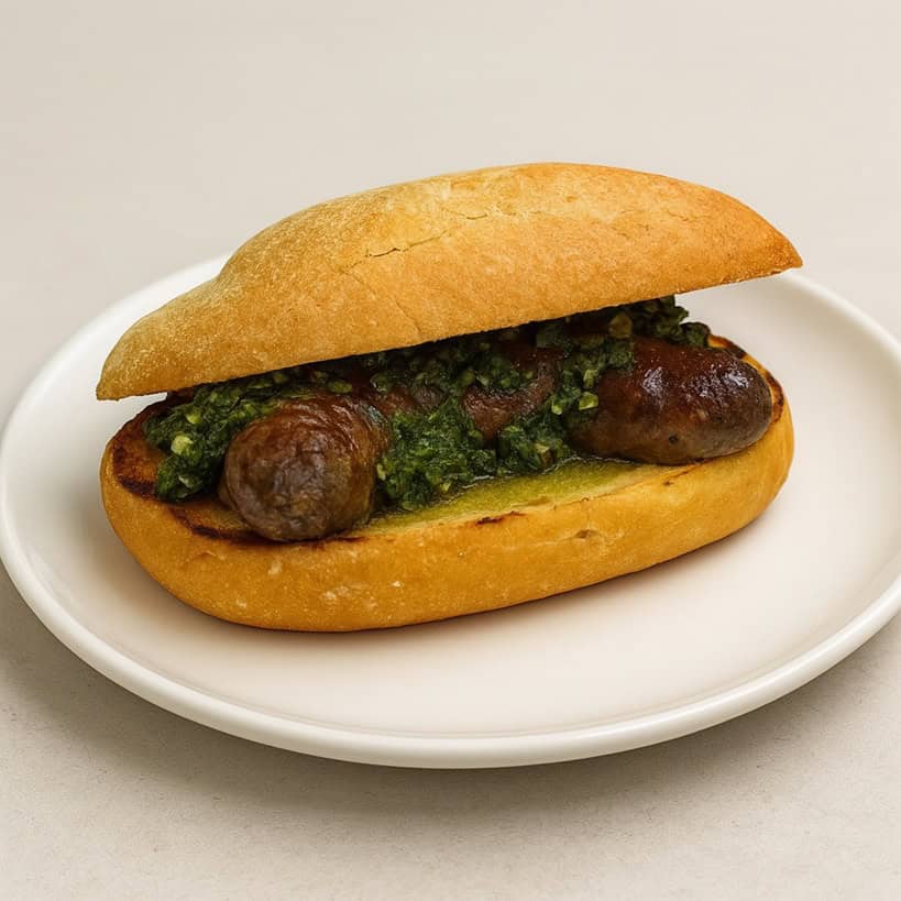 Panino argentino con chorizo grigliato e salsa chimichurri servito su piatto