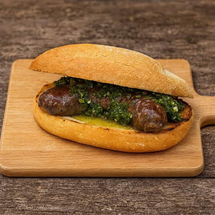 Panino Choripán con chorizo grigliato e chimichurri su tagliere in legno
