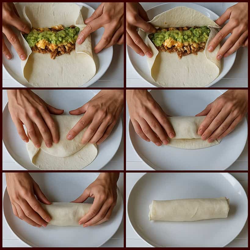 Sequenza fotografica in 6 step che mostra come chiudere correttamente un burrito su piatto bianco