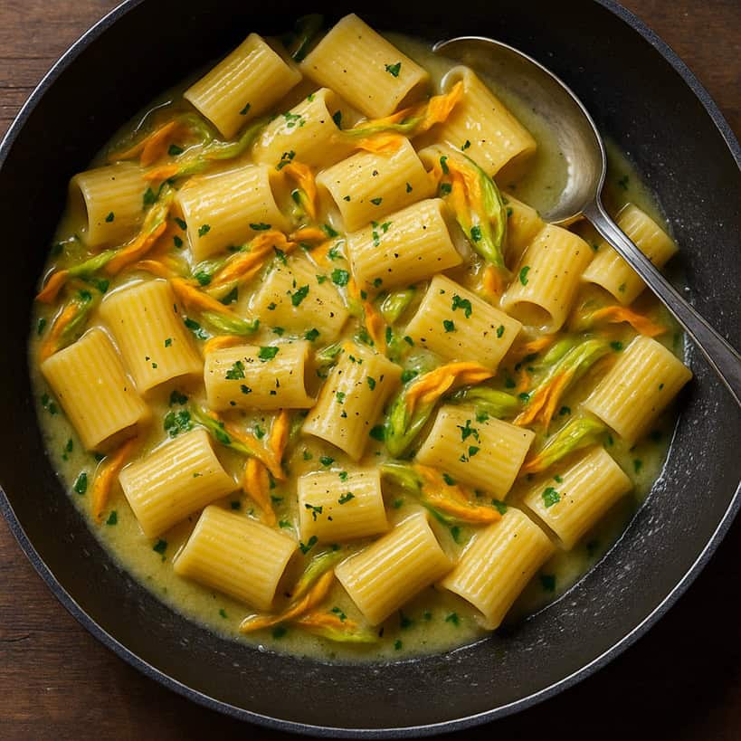 Preparazione in padella della pasta con fiori di zucca mantecata