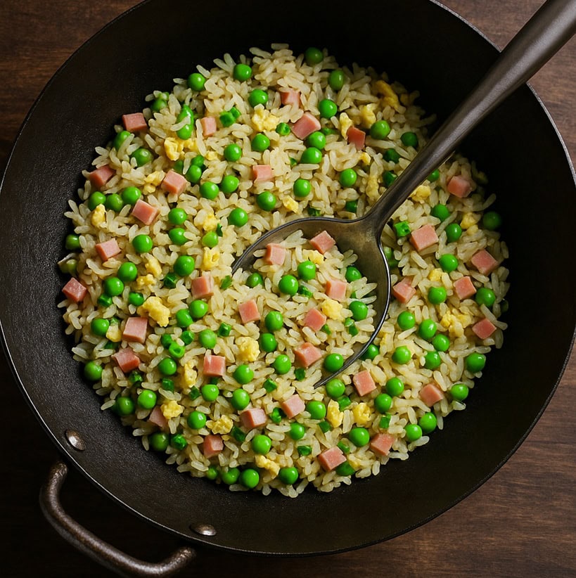 Wok con riso cantonese saltato e spatola su tavolo rustico
