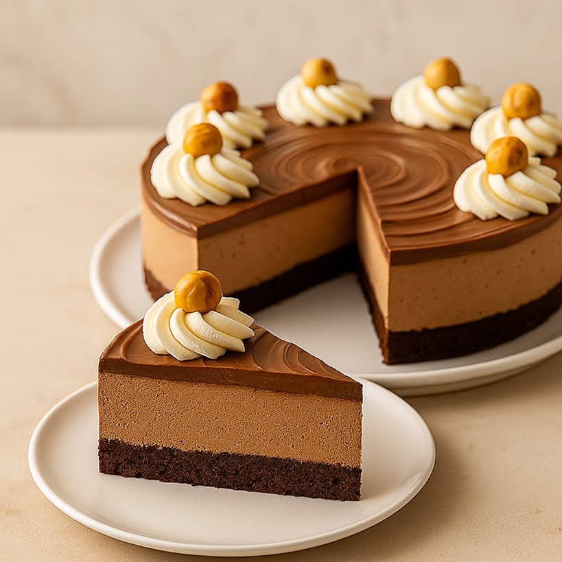 Cheesecake alla Nutella con una fetta tagliata e servita su piatto bianco, decorata con panna e nocciole