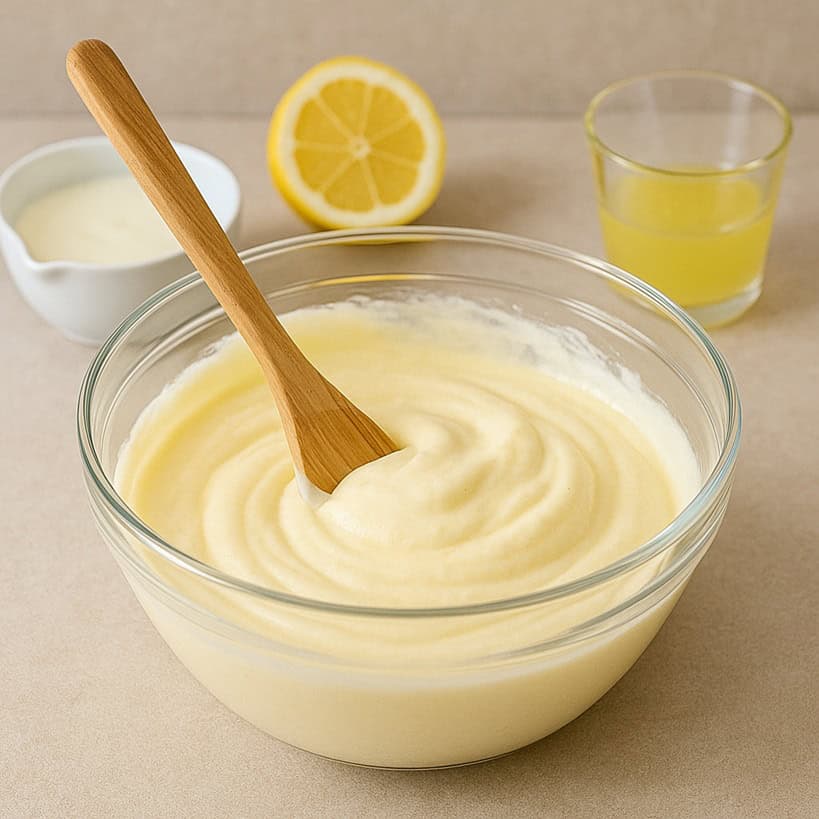 Mousse al limone in ciotola di vetro mescolata con spatola