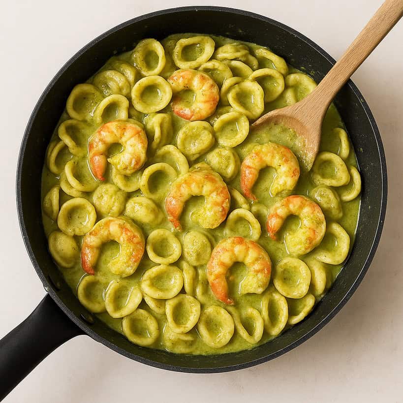 Orecchiette mantecate in padella con pesto di pistacchi e gamberi