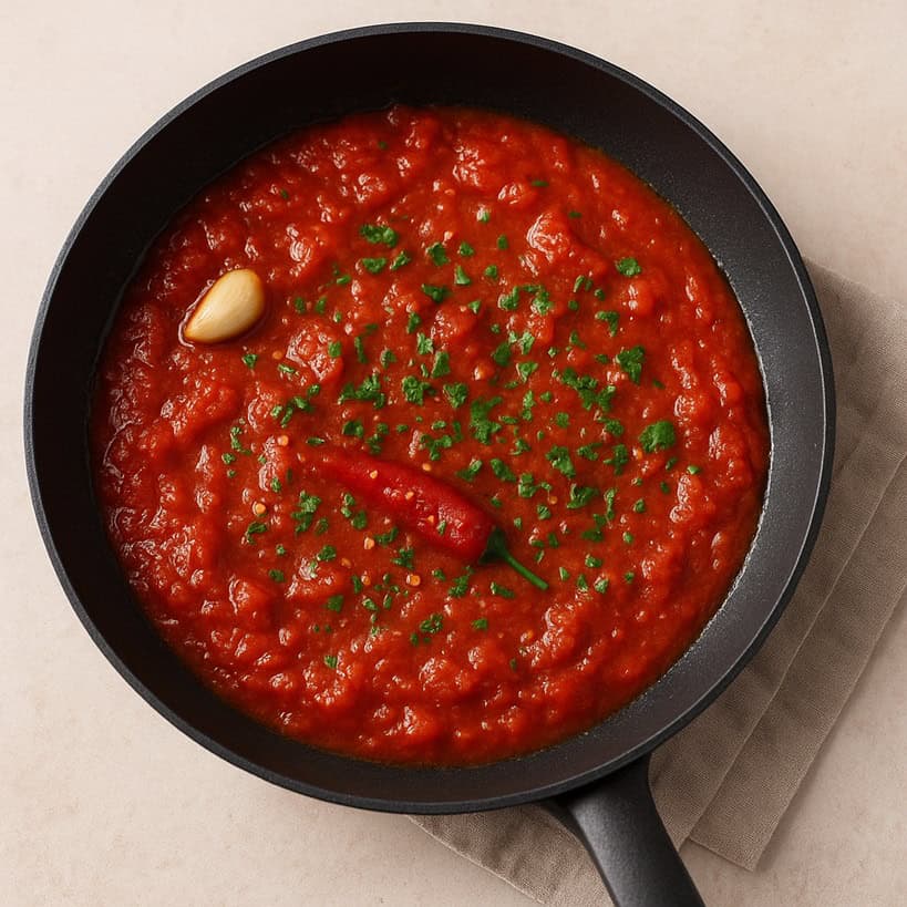 Salsa all’arrabbiata con pomodoro e peperoncino in padella nera su fondo chiaro
