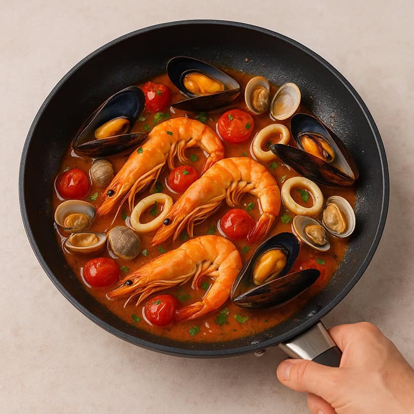 Padella con gamberi, cozze, vongole, calamari e pomodorini in salsa per spaghetti allo scoglio