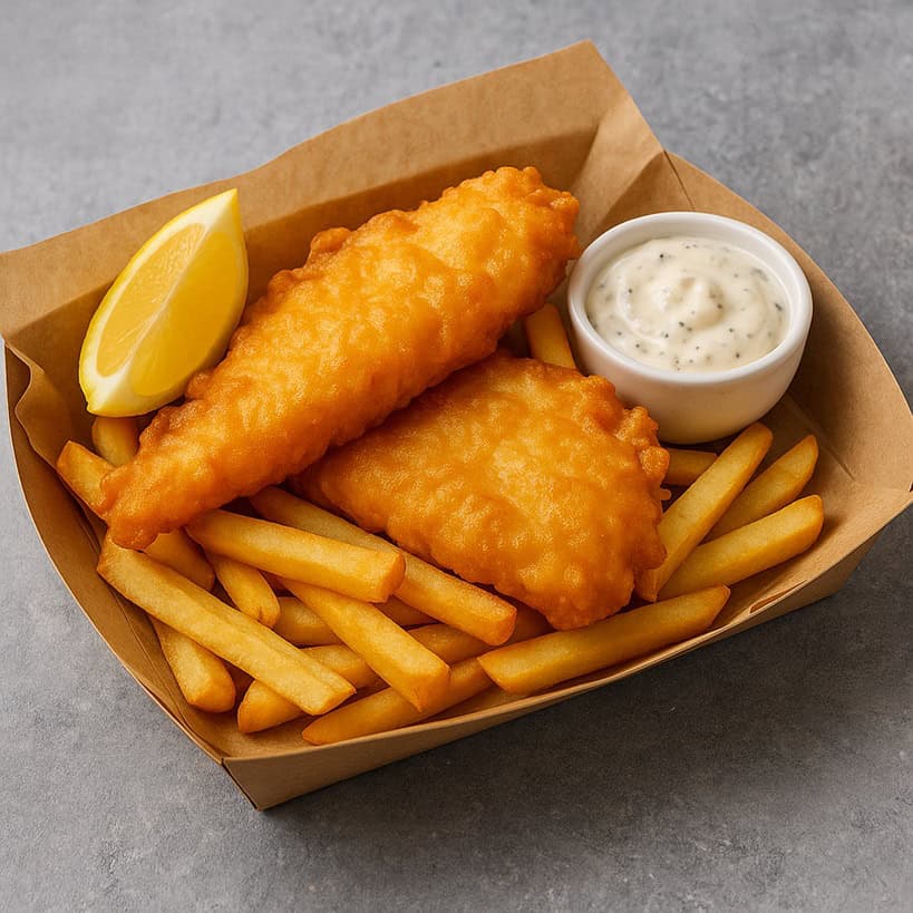 Fish and chips in contenitore da asporto con salsa e limone