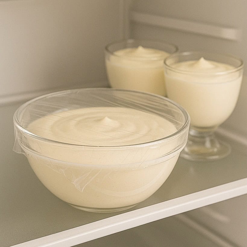 Mousse al limone coperta da pellicola e coppette pronte in frigo