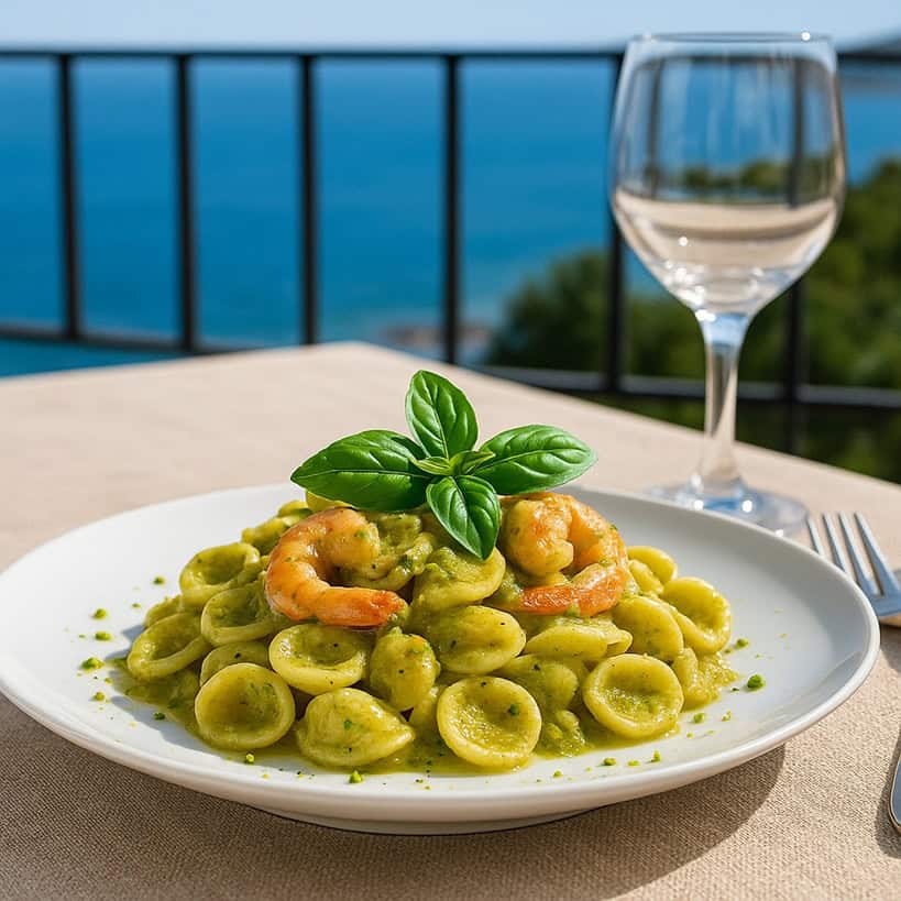 Piatto di pasta al pesto di pistacchi e gamberi servito su tavolo con vista mare