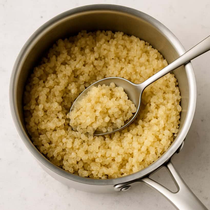 Quinoa bianca in cottura in pentola con acqua bollente e cucchiaio in legno