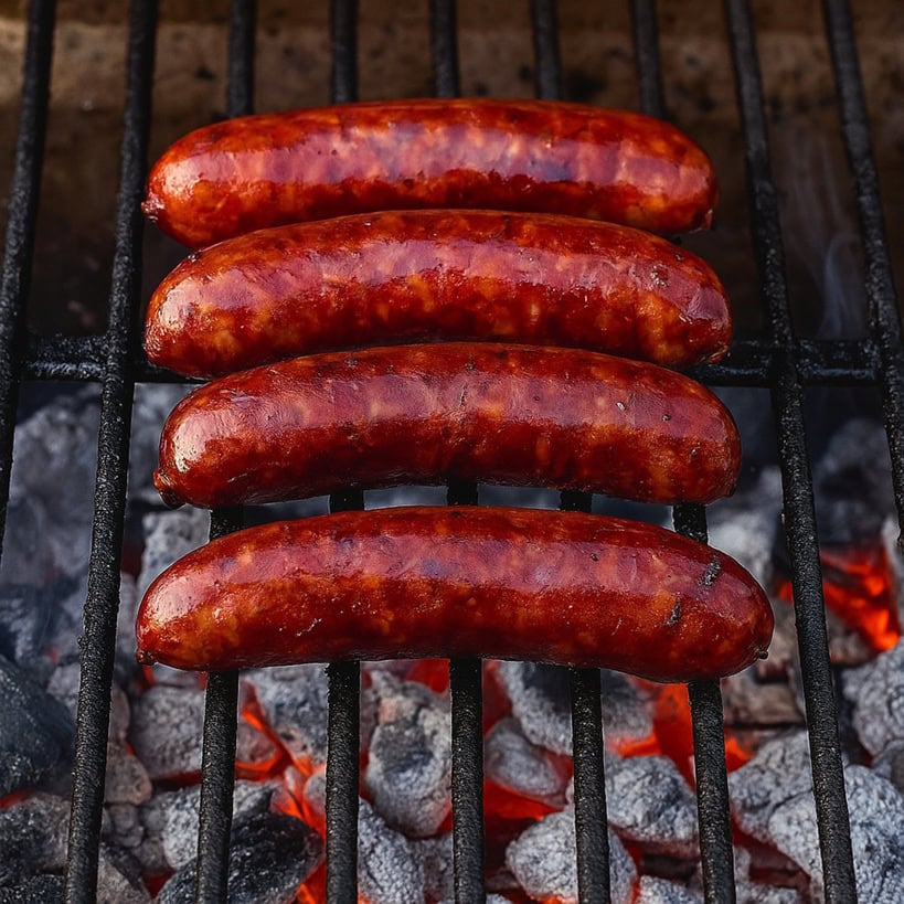 Quattro chorizo rosolati sulla griglia con brace rovente sotto