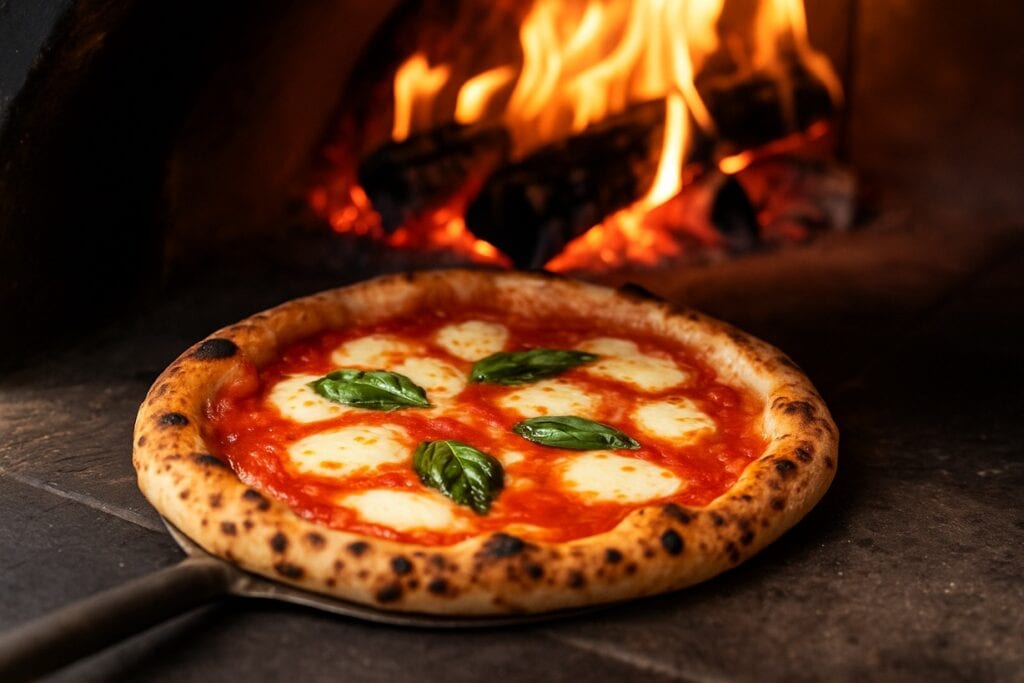 pizza napoletana fatto con impasto per pizza professionale durante la cottura nel forno a legna