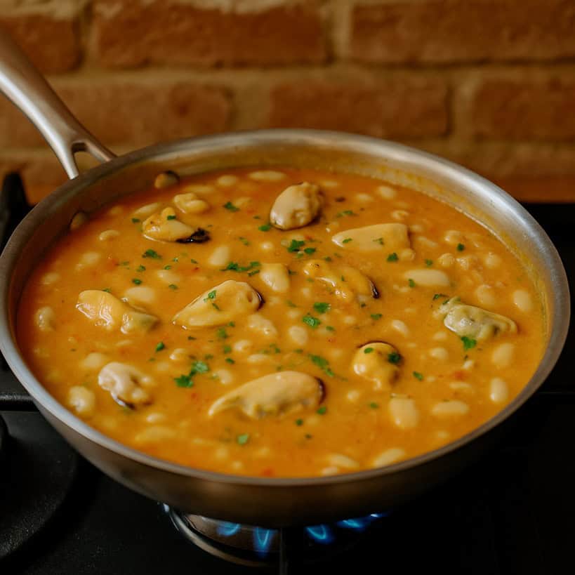 Padella in acciaio sul fuoco con pasta e fagioli alle cozze in fase di cottura, crema densa e cozze visibili