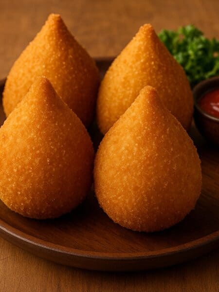 Quattro coxinha brasiliane dorate servite con salsa rossa