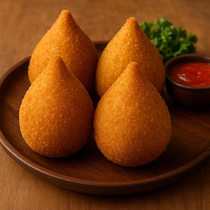 Quattro coxinha brasiliane dorate servite con salsa rossa