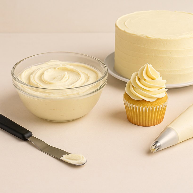 Ciotola con crema al burro, cupcake decorato, torta ricoperta, spatola e sac-à-poche con beccuccio
