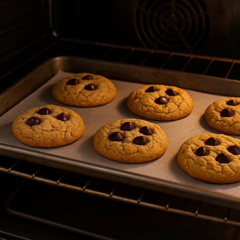 Sei Crumbl Cookies in teglia nel forno durante la cottura